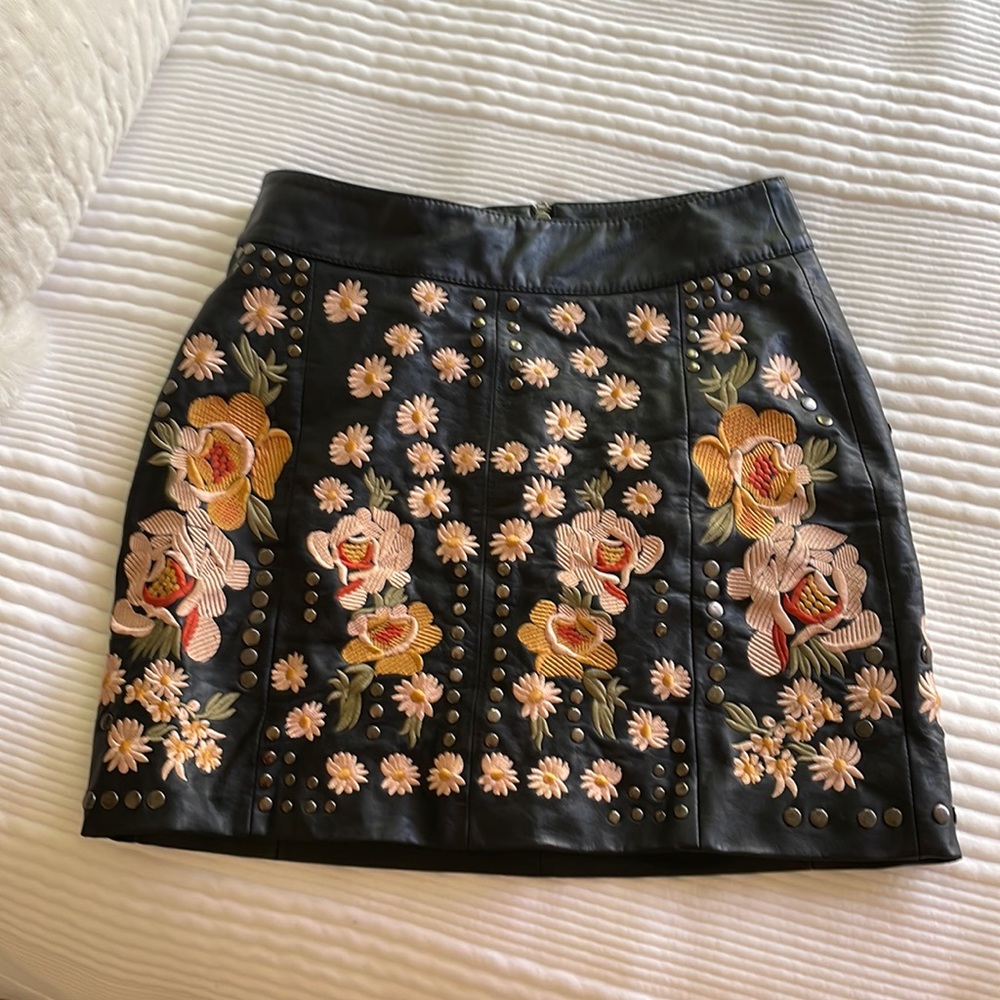 Free People leather mini- embellished and embroidered for a fabulous look!